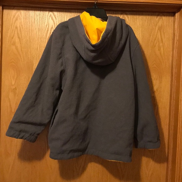 Boy’s hooded windbreaker 5 6 reversible jacket zip up yellow nylon gray fleece - Picture 3 of 6